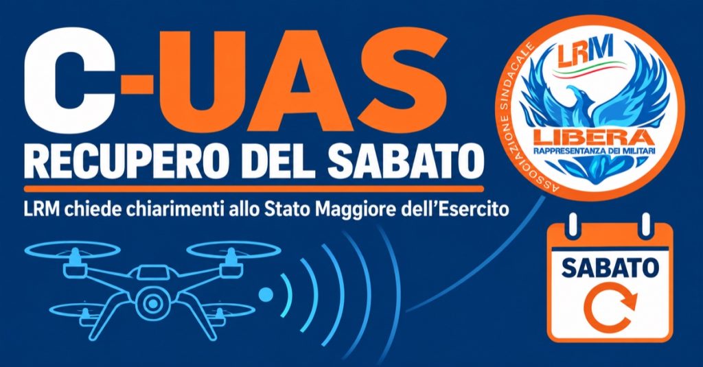 C-UAS: recupero del sabato. LRM chiede chiarimenti allo Stato Maggiore dell’Esercito. Grafica con logo LRM, drone e calendario.