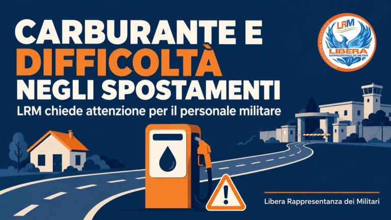 Carburante e difficoltà negli spostamenti: LRM chiede attenzione per il personale militare. Copertina illustrata con il logo originale LRM.