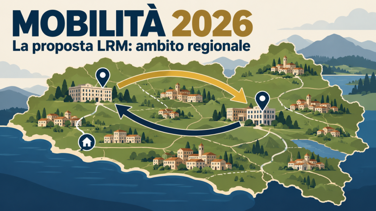 Illustrazione di sedi collegate da frecce di scambio: Mobilità 2026, la proposta LRM per l’ambito regionale.