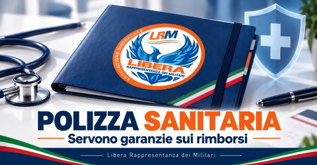 Polizza sanitaria: servono garanzie sui rimborsi. Cartellina con logo LRM, stetoscopio e scudo protettivo.