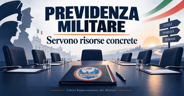 Previdenza militare: servono risorse concrete. Tavolo di confronto con cartellina e logo LRM.